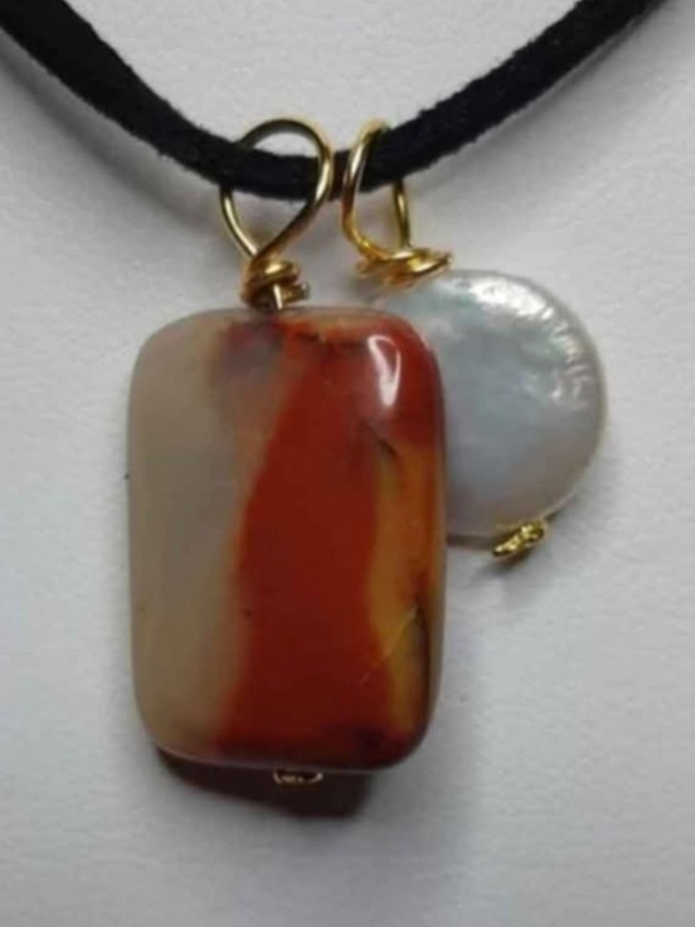 Natural Red and Cream Agate Pendant Necklace with Pearl Accent